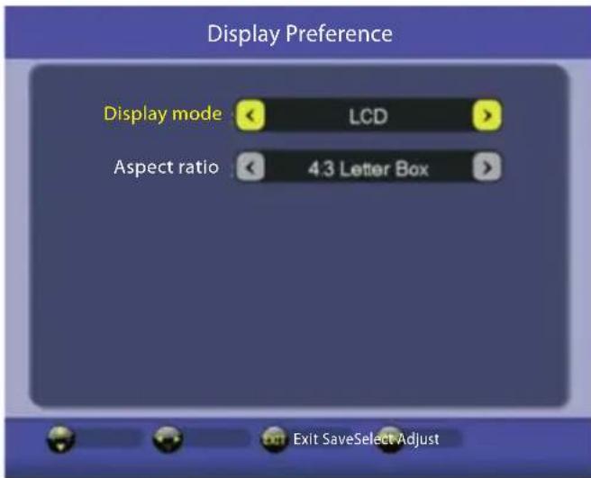 Display Preference Display mode LCD Aspect ratio 4:3 Letter Box Exit SaveSelect Adjust