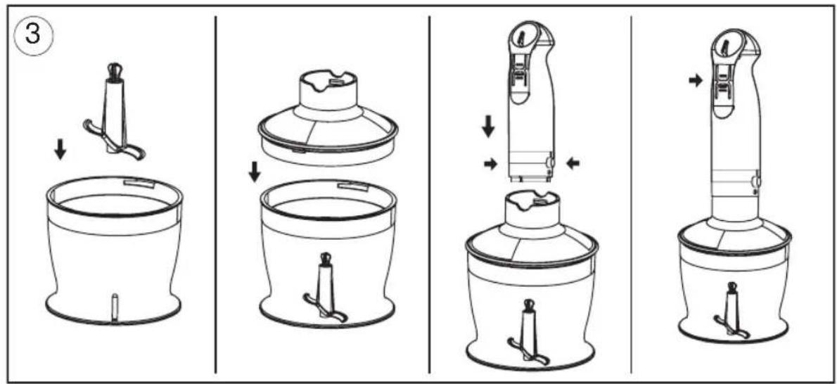 Diagram illustrating the step-by-step assembly of a kitchen brush, showing how to move from a container to a post.