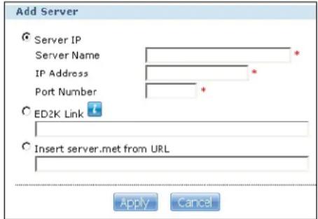 Add Server Server IP Server Name IP Address Port Number ED2K Link Insert server.met from URL Apply Cancel
