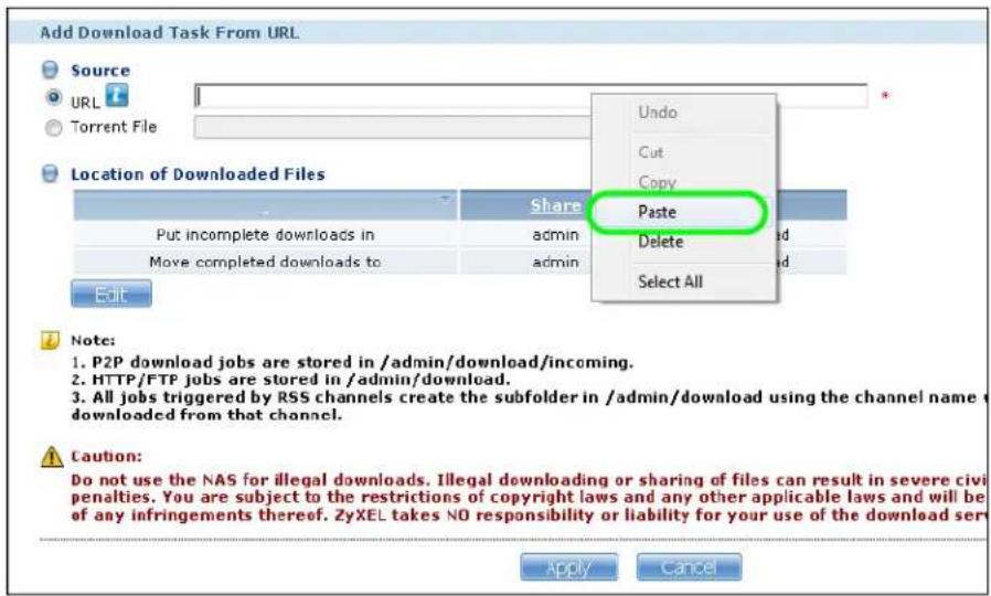 Add Download Task From URL Source URL Torrent File Location of Downloaded Files Share Undo Cut Copy Paste Delete Select All Put incomplete downloads in admin Move completed downloads to admin Edit Note: 1. P2P download jobs are stored in /admin/download/incoming. 2. HTTP/FTP jobs are stored in /admin/download. 3. All jobs triggered by RSS channels create the subfolder in /admin/download using the channel name or downloaded from that channel. Caution: Do not use the NAS for illegal downloads. Illegal downloading or sharing of files can result in severe civil penalties. You are subject to the restrictions of copyright laws and any other applicable laws and will be of any infringements thereof. ZyXEL takes NO responsibility or liability for your use of the download service. Apply Cancel