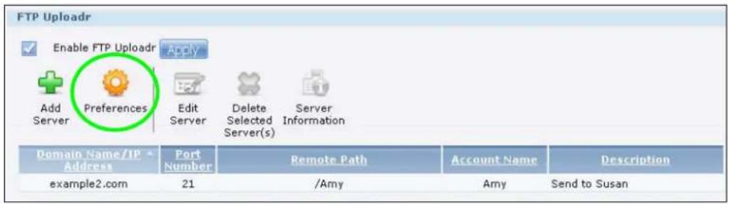 FTP Uploadr Enable FTP Uploadr Apply Add Server Preferences Edit Server Delete Selected Server(s) Server Information Domain Name/IP Address Port Number Remote Path Account Name Description example2.com 21 /Amy Amy Send to Susan