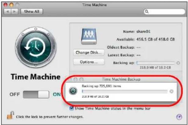 Time Machine Show All Name: share01 Available: 456.5 GB of 458.0 GB Oldest Backup: -- Latest Backup: -- Options... Change Disk... Backing up: 218.9 MB of 18.2 GB Time Machine Backing up 725,691 items 218.9 MB of 18.21 GB Show Time Machine status in the menu bar Click the lock to prevent further changes.