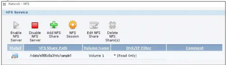 Network - NFS NFS Service Enable NFS Server Disable NFS Server Add NFS Share NFS Session Edit NFS Share Delete NFS Share(s) Status:NFS Share Path Volume Name DNS/IP Filter Comment /data/e980c8a3/nfs/sample1 Volume 1 * (Read Only)