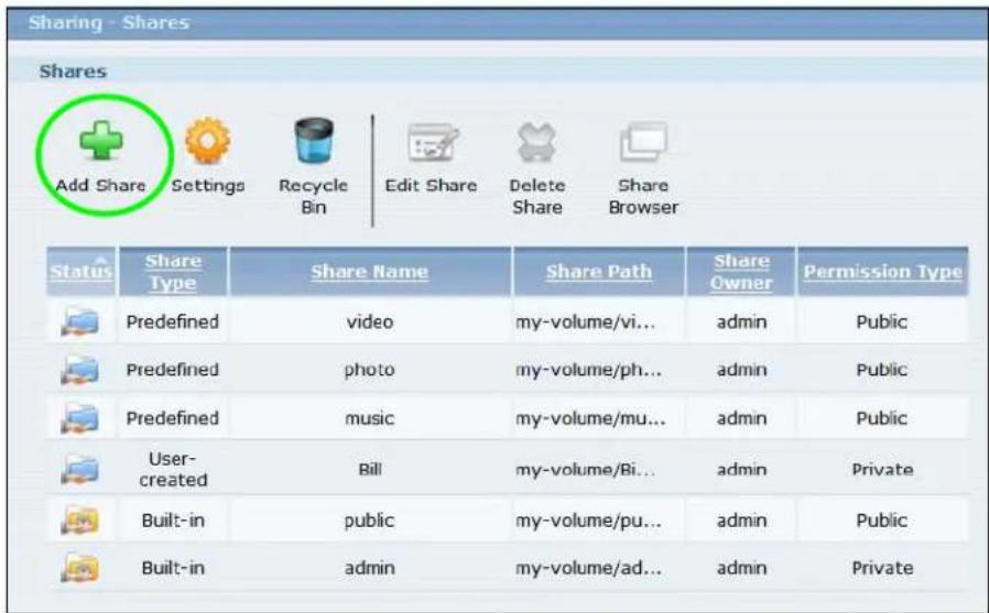 Sharing - Shares Shares Add Share Settings Recycle Bin Edit Share Delete Share Browser Status Share Type Share Name Share Path Share Owner Permission Type Predefined video my-volume/vi... admin Public Predefined photo my-volume/ph... admin Public Predefined music my-volume/mu... admin Public User-created Bill my-volume/Bi... admin Private Built-in public my-volume/pu... admin Public Built-in admin my-volume/ad... admin Private