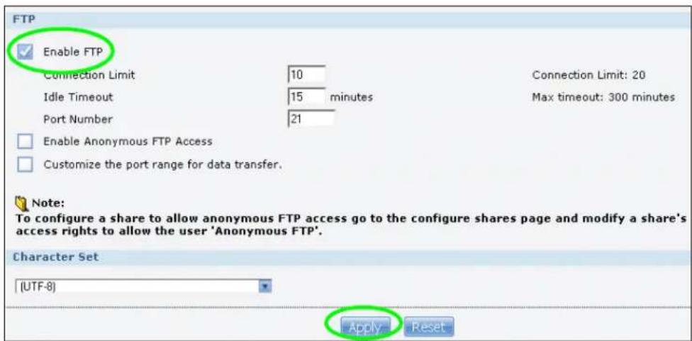 FTP Enable FTP Connection Limit 10 Idle Timeout 15 minutes Port Number 21 Enable Anonymous FTP Access Customize the port range for data transfer. Note: To configure a share to allow anonymous FTP access go to the configure shares page and modify a share's access rights to allow the user 'Anonymous FTP'. Character Set [UTF-8] Apply Reset
