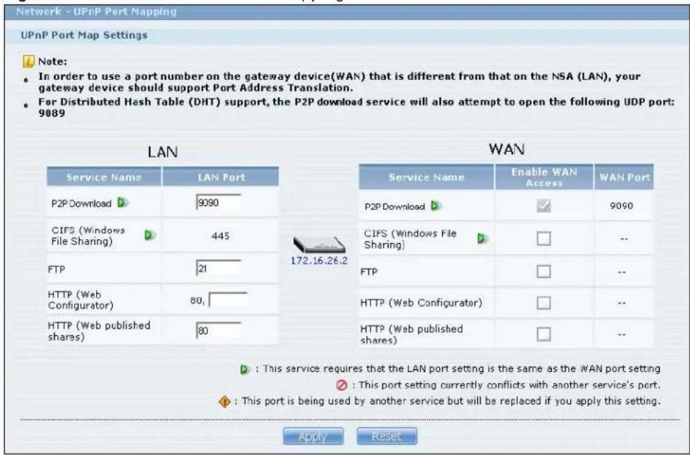 Network - UPnP Port Mapping UPnP Port Map Settings Note: • In order to use a port number on the gateway device(WAN) that is different from that on the NSA (LAN), your gateway device should support Port Address Translation. • For Distributed Hash Table (DHT) support, the P2P download service will also attempt to open the following UDP port: 9089 LAN Service Name LAN Port P2P Download 9090 CIFS (Windows File Sharing) 445 FTP 21 HTTP (Web Configurator) 80, HTTP (Web published shares) 80 172.16.26.2 Service Name Enable WAN Access WAN Port P2P Download 9090 CIFS (Windows File Sharing) -- FTP -- HTTP (Web Configurator) -- HTTP (Web published shares) -- : • This service requires that the LAN port setting is the same as the WAN port setting ○ : This port setting currently conflicts with another service's port. ◇ : This port is being used by another service but will be replaced if you apply this setting. Apply Reset