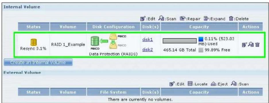 Internal Volume Status Volume Disk Configuration Disk(s) Capacity Actions Resync 0.1% RAID 1_Example RBCC RBCC disk1 0.11% (523.03 MB) Used Data Protection (RAID1) disk2 465.14 GB Total 99.89% Free Create an Internal Volume External Volume Status Volume File System Disk(s) Capacity Actions There are currently no volumes.