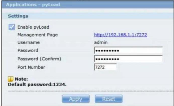 Applications - pyLoad Settings Enable pyLoad Management Page http://192.168.1.1:7272 Username admin Password ••••••••••• Password (Confirm) ••••••••••• Port Number 7272 Note: Default password:1234. Apply Reset