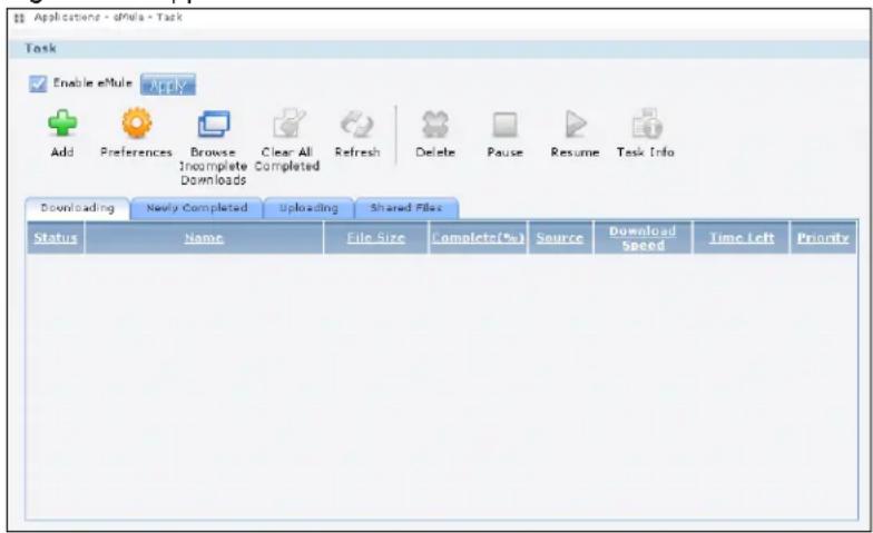 Applications - eMule - Task Task Enable eMule Apply Add Preferences Browse Clear All Refresh Delete Pause Resume Task Info Incomplete Completed Downloads Downloading Newly Completed Uploading Shared Files Status Name File Size Complete(%) Source Download Speed Time Left Priority