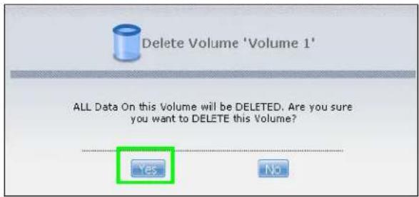 Delete Volume 'Volume 1' ALL Data On this Volume will be DELETED. Are you sure you want to DELETE this Volume? Yes No