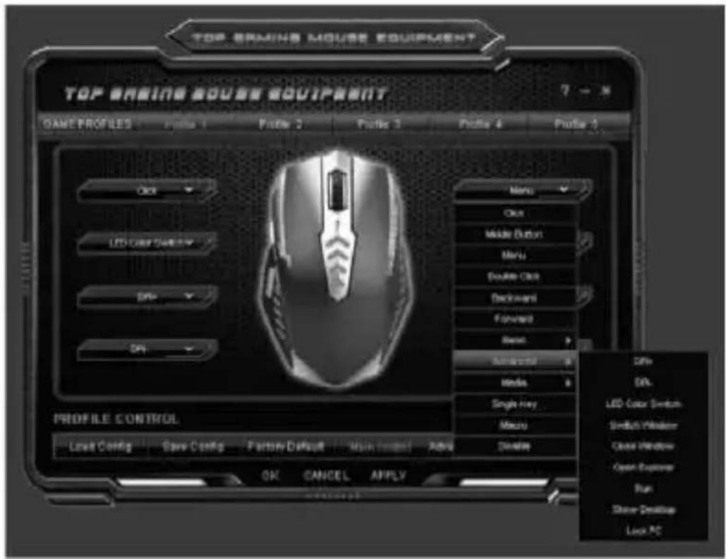 TOP BRENG DOUSE EQUIPMENT GAME PROFILES Profile 1 Profile 2 Profile 3 Profile 4 Profile 5 Click LED COFF SWEET DIN DIN Profile CONTROL Level Config Save Config Factory Default Main Window Add OK CANCEL APPLY Menu Click Make Button Menu Double Click Backward Forward Reset Antenna Media Single Key Macro Delete Offs DIN- LED Color Switch Switch Washer Close Window Open Explorer Run Show Desktop Lock PC
