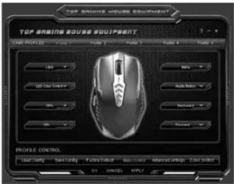 TOP BRADING MOUSE EQUIPMENT TOP BRADING DOUSE EQUIPMENT CASE PROFILES Profile 1 Profile 2 Profile 3 Profile 4 Profile 5 Link Menu LED Cover Switch slide Button OK Backend Forward PROFILE CONTROL Load Config Store Config Factory Default Icon to miss Advanced settings Color filter OK CANCEL APPLY