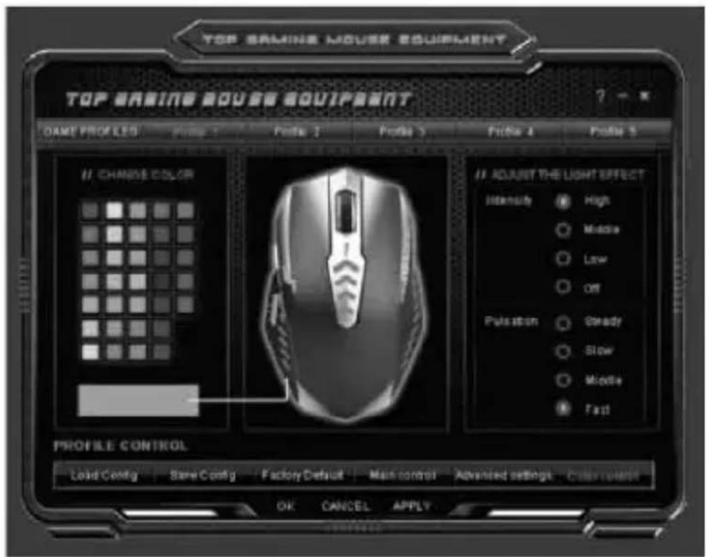 TOP MAKING MOUSE EQUIPMENT TOP MAKING DOUSE EQUIPMENT GAME PROFILES Profile 1 Profile 2 Profile 3 Profile 4 Profile 5 CHANGE COLOR ADJUST THE LIGHT EFFECT Intensity High Middle Low Off Pulsation Steady Slow Middle Fast PROFILE CONTROL Load Config Save Config Factory Default Main control Advanced settings Color/shape OK CANCEL APPLY