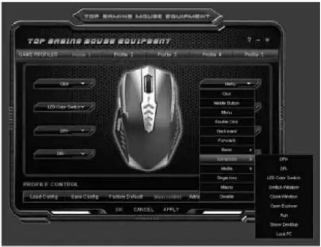 TOP SING SQUARE EQUIPMENT GAME PROFILES Profile 1 Profile 2 Profile 3 Profile 4 Profile 5 Click LED Color Select DIN DIN Profile CONTROL Load Config Save Config Factory Default Main control Auto Enable Multi button Menu Double Click Trackward Forward Base Advanced Media Single Hay Macro Disable OK CANCEL APPLY TYPE DPL LED Color Switch Switch Window Close Window Open Explorer Run Show Desktop Lock PC