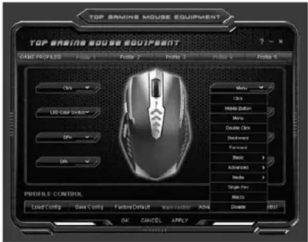 TOP GAMING MOUSE EQUIPMENT TOP GAMING DOUSE EQUIPMENT GAME PROFILES Profile 1 Profile 2 Profile 3 Profile 4 Profile 5 LED Color Switch DPA DPA PROFILE CONTROL Load Config Save Config Factory Default Main Contest Action Session OK CANCEL APPLY