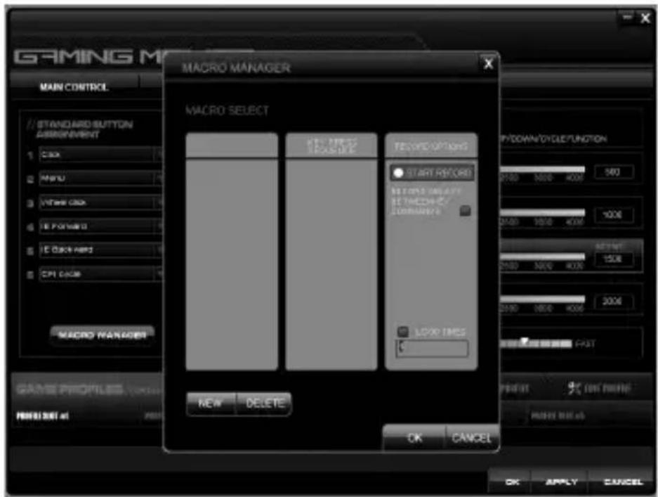 GAMING M MAIN CONTROL MACRO MANAGER STANDARD BUTTON ARRIOWMENT 1 Clock 2 Hand 3 Window Clock 4 Forward 5 Back press 6 Ctrl Back MACRO MANAGER MACRO SELECT NEW DELETE CREATE ORDER EXECUTIONS START RECORD BE EYEVE NAME APP BE TENDER/ COMMANDER LOGO ITEMS P/DOWN/DUCT/FUNCTION 500 1000 1500 2000 FAST OK CANCEL GAME PROFILES: 1000x HOLD SET AS OK APPLY CANCEL