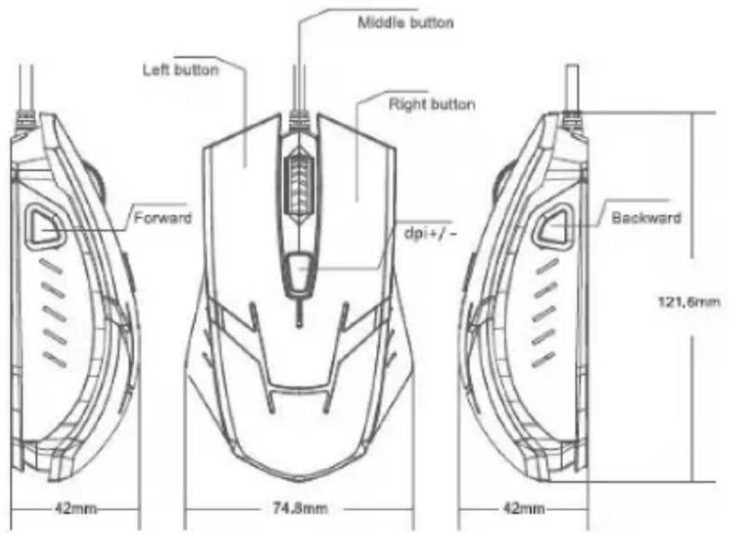 Left button Middle button Right button Forward dpi+/- Backward 121,6mm 42mm 74,8mm 42mm