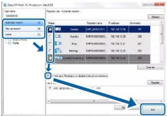 Easy XP Multi PC Projection Ver.XXX User name XXXXXXX Automatic search (1) Manual search (2) Profile (3) Profile Proxy list - Automatic search - Status Proxy name IP address Comments Sendry EMP_MODELDATA... 192 168 10.10 FFF Transfer EMP0000000000... 192 168 10.20 200 Buy EMP0000000000... 192 168 10.21 201 Missing EMP0000000000... 192 168 10.22 202 Current drive by a... EMP0000000000... 192 168 10.23 203 Cancel Next as a Modification or double interval version needed. Load in Web: EMP_MODELDATA... FFF Set Join