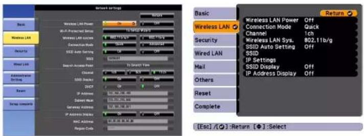 Network Settings Wireless LAN Power Wireless LAN System Connection Mode SSD Auto Setting SDD Search Access Point Channel SSD Subheader QDOT IP Address Server Main Gateway Address IP Address Index MAC Address Region Code To Search Type Wireless LAN Security Wired LAN Mail Others Reset Complete Basic Wireless LAN Wireless LAN Power Off Connection Mode Quick Channel 1ch Wireless LAN Sys. 802.11b/g SSID Auto Setting Off SSID IP Settings Off SSID Display Off IP Address Display Off Return [Esc] / [◆] : Return [◆] : Select