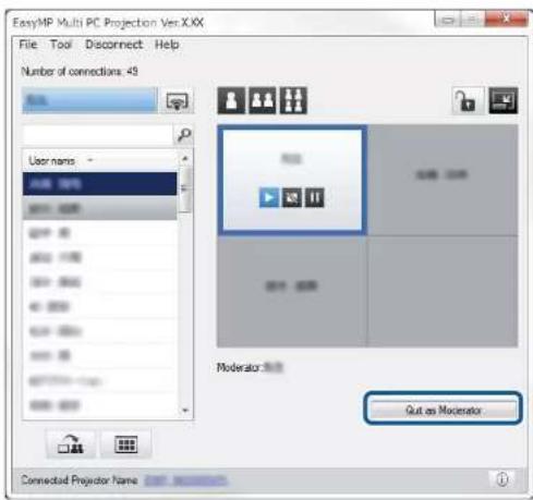 EasyMP Multi PC Projection Ver.XXX File Tool Disconnect Help Number of connections: 45 User name: Moderator: Out as Moderator Connected Projector Name
