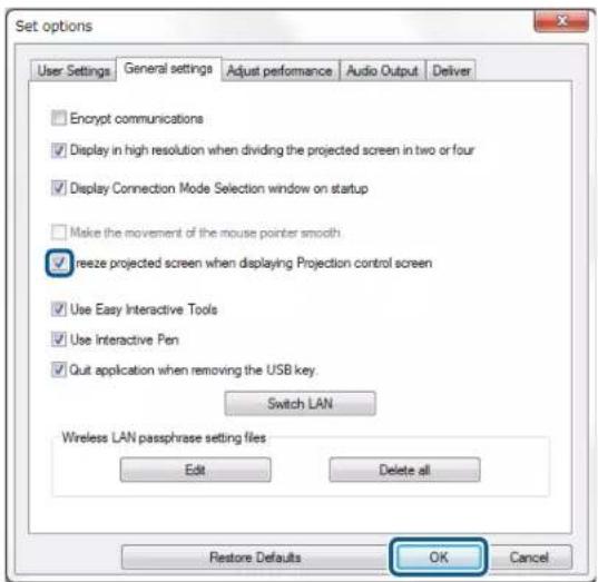 Set options User Settings General settings Adjust performance Audio Output Deliver Encrypt communications Display in high resolution when dividing the projected screen in two or four Display Connection Mode Selection window on startup Make the movement of the mouse pointer smooth freeze projected screen when displaying Projection control screen Use Easy Interactive Tools Use Interactive Pen Quit application when removing the USB key. Switch LAN Wireless LAN passphrase setting files Edit Delete all Restore Defaults OK Cancel