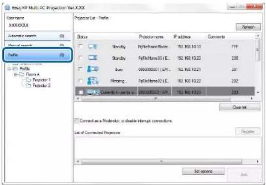 Easy HP Multi PC Projection Web X.XXX User name X.XXX.XXX Automatic search Profile Profile Profile Fram A Preursor 1 Preursor 2 Projector List - Profile Status Shrody Skndy Bany Mimeng Projector name PfPfNameMoos PfPfNameOS (E... 0600000001 (EM... PfPfNameOS (E... 150.168.10.23) 150.168.10.22 150.168.10.21 150.168.10.20 150.168.10.22 150.168.10.23 200 201 202 Current in Line to us 150.168.10.23 150.168.10.22 201 Close list Connect as a Moderator, or double interrupt connections. List of Connected Projectors Remove Set options Help