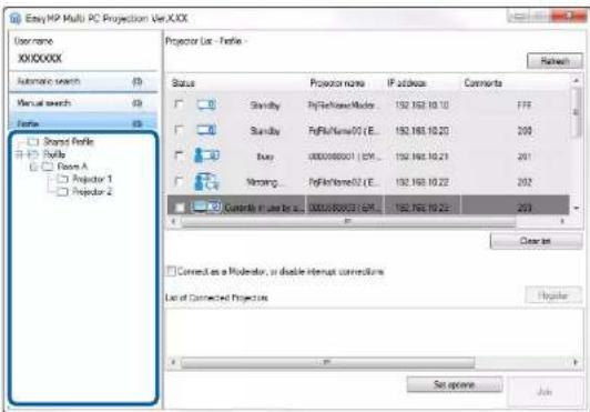Easy HP Multi PC Projection Ver XXX User name XXXXXXX Automatic search (I) Manual search (B) Profile (S) Shared Profile Profile Class A Projector 1 Projector 2 Projector List - Profile Status Projector name IP address Comments Shinity F9760000000... 150.168.10.10 FFF Sunday F976000000... 150.168.10.20 200 Buy 0000000001... 150.168.10.21 201 Missing F976000000... 150.168.10.22 202 Controls in use to us: 9551888888/6M 150.168.10.22 203 Create Connect as a Module, or disable interest correction List of Connected Projectors Regular Set option Help