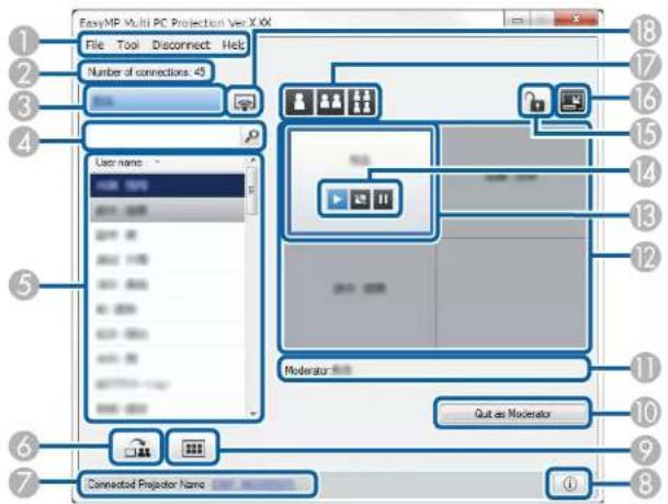 EasyMP Multi PC Projection Ver X.6X File Top Disconnect Help Number of connections: 45 User name: Moderator Out as Moderator Connected Projector Name