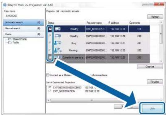 EasyMP Multi PC Projection Var XXX User name XXXXXXX Automatic search Manual search Profile Shared Profile Profile Reporter List - Automatic search - Status Reporter name IP address Comments Refresh Sendby EMP(MODERNAT) 192.168.10.10 FFF Sendby EMP(00000000000)... 192.168.10.20 200 Busy EMP(0000000000)... 192.168.10.21 201 Memory EMP(0000000000)... 192.168.10.22 202 Current to use in a EMP(000000000)... 192.168.10.23 203 Close list Connected as a Node... List of Connected Projectors... EMP(0000000000)... 192.168.10.24 Begin EMP(MODERNAT) 192.168.10.10 S Join