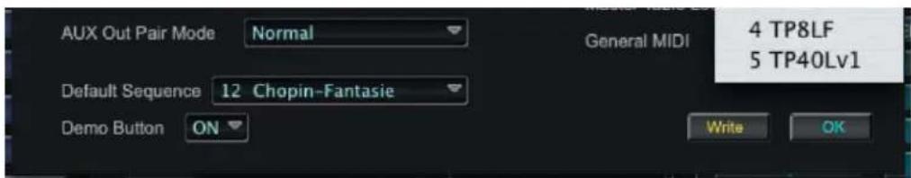 AUX Out Pair Mode Normal Default Sequence 12 Chopin-Fantasie Demo Button ON General MIDI 4 TP8LF 5 TP40Lv1 Write OK