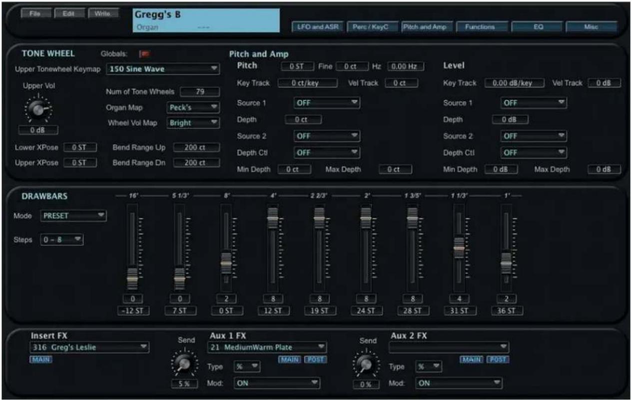 File Edit Write Gregg's B Organ --- LFO and ASR Perc / KeyC Pitch and Amp Functions EQ Misc TONE WHEEL Globals: Pitch and Amp Upper Tonewheel Keymap 150 Sine Wave Upper Vol Num of Tone Wheels 79 Organ Map Peck's Wheel Vol Map Bright 0 dB Lower XPose 0 ST Bend Range Up 200 ct Upper XPose 0 ST Bend Range Dn 200 ct Level Pitch 0 ST Fine 0 ct Hz 0.00 Hz Key Track 0 ct/key Vel Track 0 ct Source 1 OFF Depth 0 ct Source 2 OFF Depth Ctl OFF Min Depth 0 ct Max Depth 0 ct Min Depth 0 dB Max Depth 0 dB DRAWBARS Mode PRESET Steps 0 - 8 16' 5 1/3' 8' 4' 2 2/3' 2' 1 3/5' 1 1/3' 1' -12 ST 7 ST 0 ST 12 ST 19 ST 24 ST 28 ST 31 ST 36 ST Insert FX Send Aux 1 FX Send Aux 2 FX 316 Greg's Leslie 21 MediumWarm Plate MAIN POST MAIN % % MAIN POST 5% Mod: ON % Mod: ON
