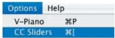 Options Help V-Piano ⌘P CC Sliders ⌘[