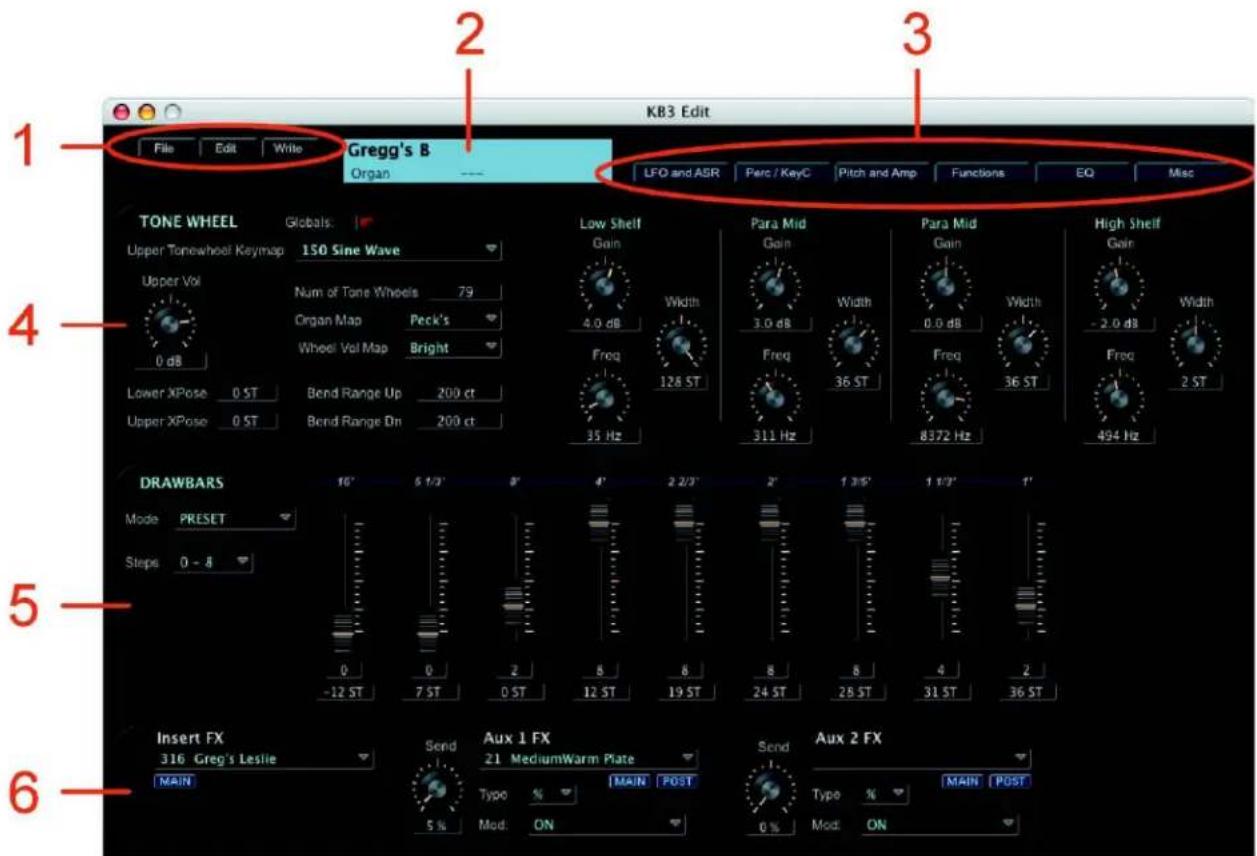 KB3 Edit File Edit Write Gregg's B Organ LFO and ASR Perc / KeyC Pitch and Amp Functions EQ Misc TONE WHEEL Globals: 150 Sine Wave Low Shelf Para Mid Para Mid High Shelf Upper Tonewheel Keymap Upper Vol Gain 4.0 dB Gain 3.0 dB Gain 0.0 dB Width 2.0 dB Width Num of Tone Wheels 79 Organ Map Peck's Freq 128 ST Freq 36 ST Freq 36 ST Freq 2 ST Wheel Vol Map Bright Lower XPose 0.5T Bend Range Up 200 ct Bond Range Dn 200 ct 35 Hz 311 Hz 8372 Hz 494 Hz DRAWBARS 10' 6 1/2' 8' 4' 2 2/3' 2' 1 3/5' 1 1/2' 1' Mode PRESET Steps 0 - 8 -12 ST 7 ST 0 ST 12 ST 19 ST 24 ST 28 ST 31 ST 36 ST Insert FX 316 Greg's Leslie Send Aux 1 FX Send Aux 2 FX MAIN 21 MediumWarm Plate Type % MAIN POST Type % MAIN POST 5% Mod: ON 0% Mod: ON