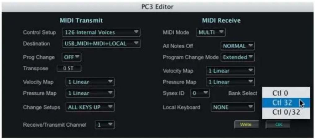 PC3 Editor MIDI Transmit Control Setup 126 Internal Voices Destination USB_MIDI+MIDI+LOCAL Prog Change OFF Transpose 0 ST Velocity Map 1 Linear Pressure Map 1 Linear Change Setups ALL KEYS UP Receive/Transmit Channel 1 MIDI Receive MIDI Mode MULTI All Notes Off NORMAL Program Change Mode Extended Velocity Map 1 Linear Pressure Map 1 Linear Sysex ID 0 Bank Select Local Keyboard NONE Ctrl 0 Ctrl 32 Ctrl 0/32 Write OK