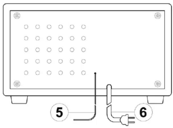 Diagram of a device panel with labeled components and connections, including numbered parts 5 and 6.