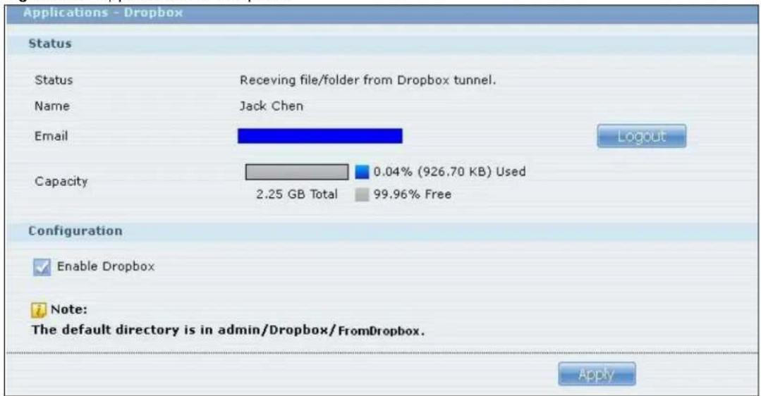 Applications - Dropbox Status Status Receiving file/folder from Dropbox tunnel. Name Jack Chen Email Capacity 0.04% (926.70 KB) Used 2.25 GB Total 99.96% Free Configuration Enable Dropbox Note: The default directory is in admin/Dropbox/FromDropbox. Apply