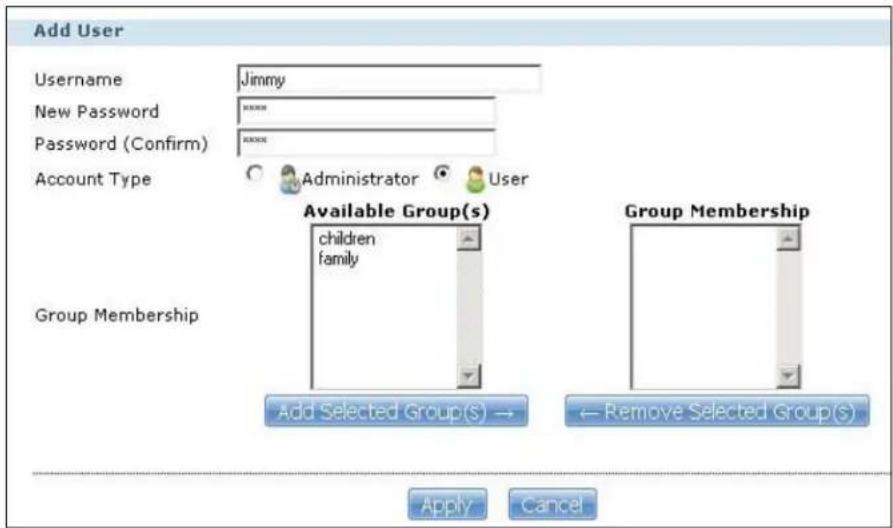 Add User Username Jimmy New Password **** Password (Confirm) **** Account Type Administrator User Available Group(s) children family Group Membership Add Selected Group(S) → ← Remove Selected Group(s) Group Membership Apply Cancel