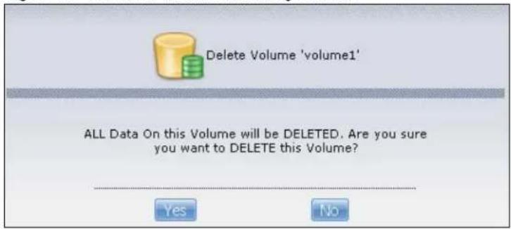 Delete Volume 'volume1' ALL Data On this Volume will be DELETED. Are you sure you want to DELETE this Volume? Yes No
