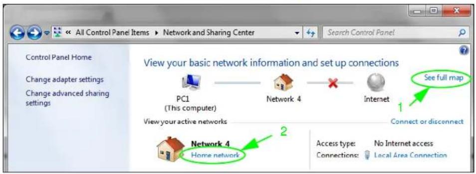 All Control Panel Items ▶ Network and Sharing Center Search Control Panel Control Panel Home Change adapter settings Change advanced sharing settings View your basic network information and set up connections PC1 (This computer) Network 4 View your active networks Internet See full map Connect or disconnect Network 4 Home network Access type: No Internet access Connections: Local Area Connection