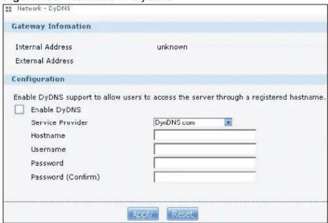 Network - DyDNS Gateway Information Internal Address unknown External Address Configuration Enable DyDNS support to allow users to access the server through a registered hostname. Enable DyDNS Service Provider DynDNS com Hostname Username Password Password (Confirm) Apply Reset