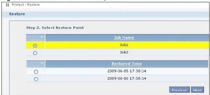 Protect - Restore Restore Step 2. Select Restore Point Job Name Job1 Job2 Restored Time 2009-06-05 17:30:14 2009-06-06 17:30:14 Previous Next
