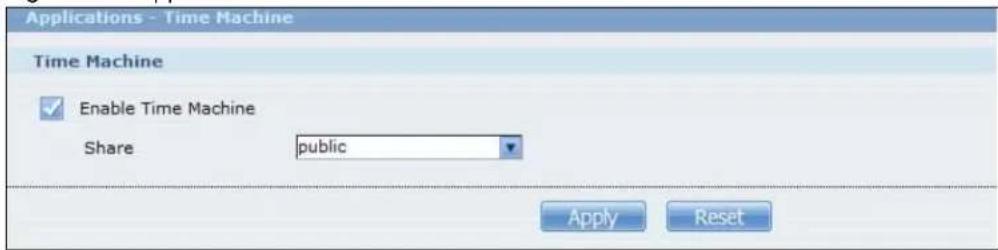 Applications - Time Machine Time Machine Enable Time Machine Share public Apply Reset
