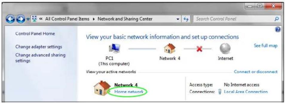 All Control Panel Items ▶ Network and Sharing Center Search Control Panel Control Panel Home Change adapter settings Change advanced sharing settings View your basic network information and set up connections PC1 (This computer) Network 4 View your active networks Internet See full map Connect or disconnect Access type: No Internet access Connections: Local Area Connection Network 4 Home network