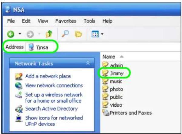 NSA File Edit View Favorites Tools Help Address \\nsa Network Tasks Add a network place View network connections Set up a wireless network for a home or small office Search Active Directory Show icons for networked UPnP devices Name admin Jimmy music photo public video Printers and Faxes