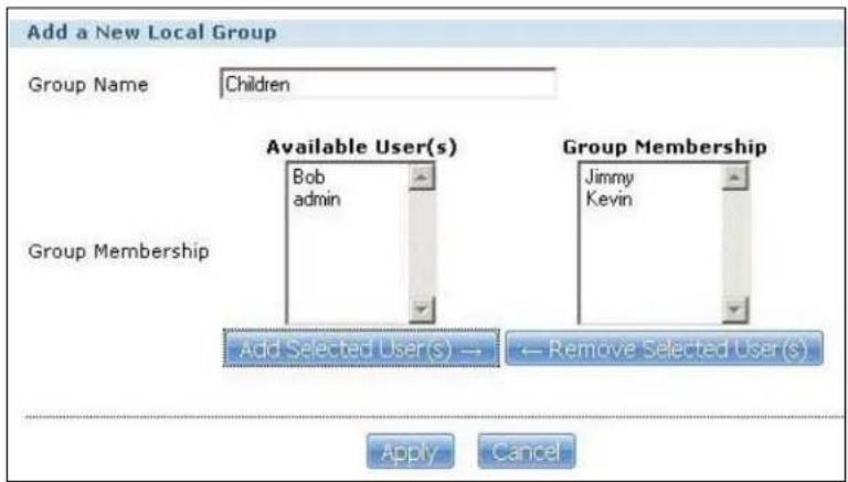 Add a New Local Group Group Name Children Available User(s) Group Membership Bob admin Simmy Group Membership -Jimmy Kevin Add Selected User(s) → Remove Selected User(s) Apply Cancel