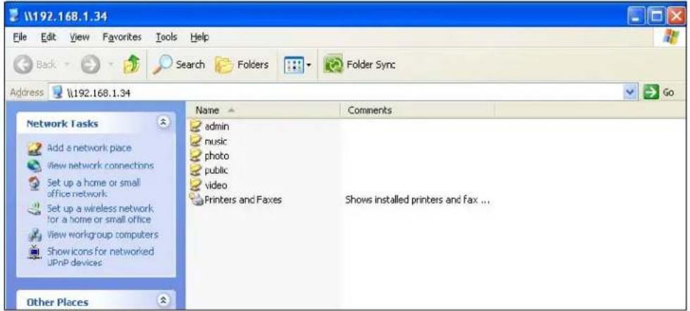 \192.168.1.34 File Edit View Favorites Tools Help Back Search Folders Folder Sync Address \192.168.1.34 Network Tasks Add a network place View network connections Set up a home or small office network. Set up a wireless network for a home or small office View workgroup computers Show icons for networked UPnP devices Other Places Name Comments admin music photo public video Printers and Faxes Shows installed printers and fax ...