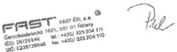 FAST FAST ČR, a.s. Černokostelockt. 1021, 251 01 Řičany IČO: 26726548 IČL: +420/ 323 204 111 DIČ: CZ26726548 IČX: +420/ 323 204 110