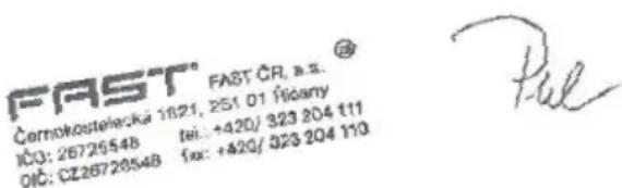 FAST® FAST ČR, a.s. Černokostelecká 1621, 251.01 Šicany IČO: 26726548 tel.: +420/ 323 204 111 OIC: CZ26726548 fax: +420/ 323 204 110