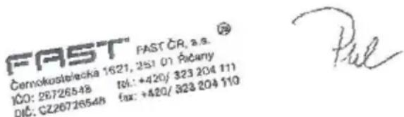 FAST" FAST CR, a.s. Černokostie/lecka 1621, 251 01 Šočany IČO: 26726548 IČL: +420/ 323 204 111 DIČ: CZ26726548 fax: +420/ 323 204 110