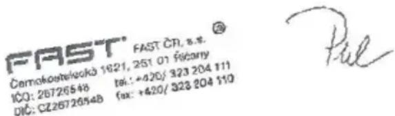 FAST FAST CR, s.s. Čemokosteleků 1621, 251.01 Šičany IČO: 26726548 tel.: +420/ 323 204 111 DIČ: CZ26726548 fax: +420/ 323 204 110 Pul